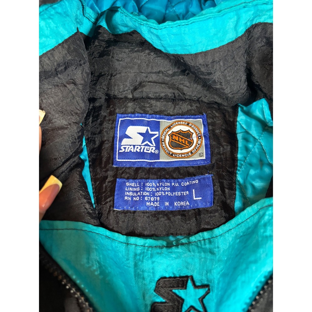 Vintage Starter San Jose Sharks NHL Puffy Pullover Jacket Black Teal Mens Large‎ - Picture 2 of 7